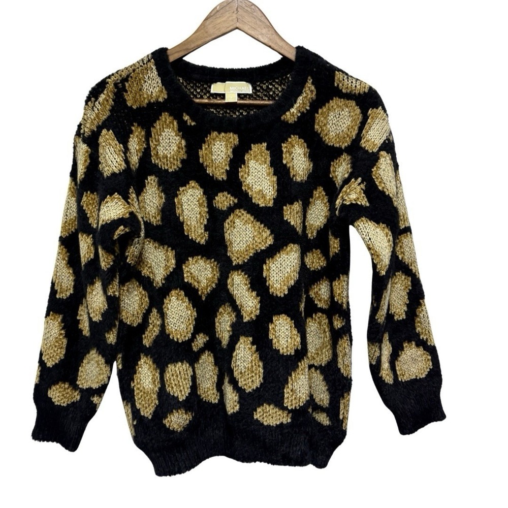 Michael Kors Sweater Womens S Black Gold Metallic Animal Print Eyelash Soft